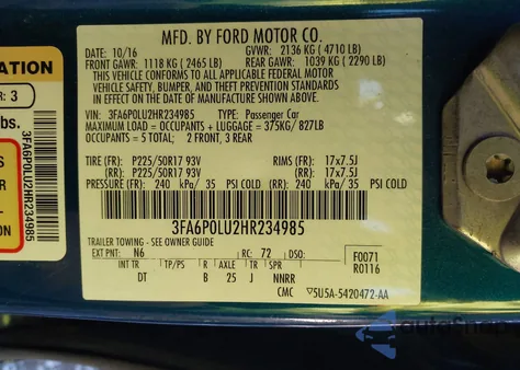 2017 Ford Fusion Hybrid Se from USA, damaged, VIN 3FA6P0LU2HR234985